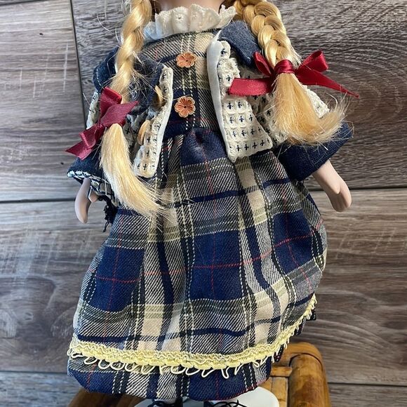 Vintage Porcelain Kissing Doll , Blonde Braids, Blue Plaid Dress 15” - Picture 5 of 8